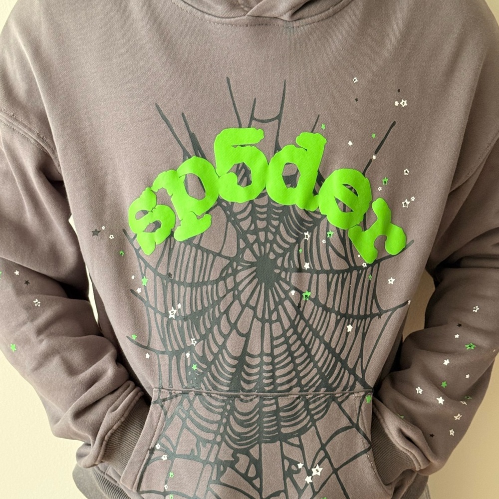 Gray Hoodie with Green Spider Design